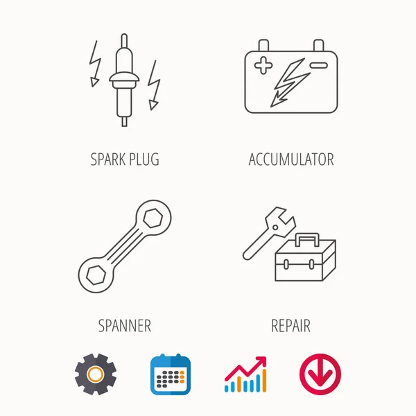 Akkumulátor, kulcs eszköz és az autó szolgáltatás ikonok. — Stock Vector
