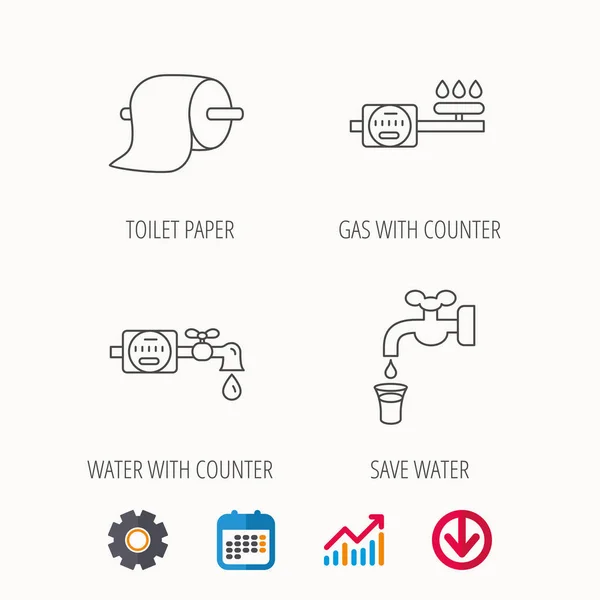 Toilet paper, gas and water counter icons. — Stock Vector