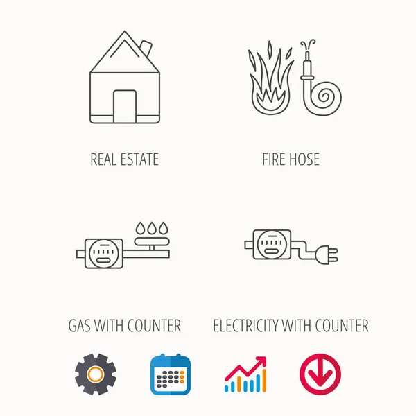 Real estate, fire hose and gas counter icons. — Stock Vector
