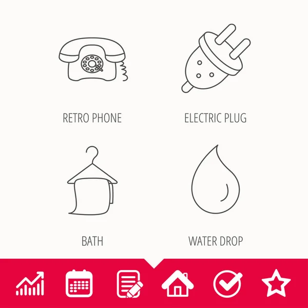 Retro phone, bath towel and electric plug. — Stock Vector