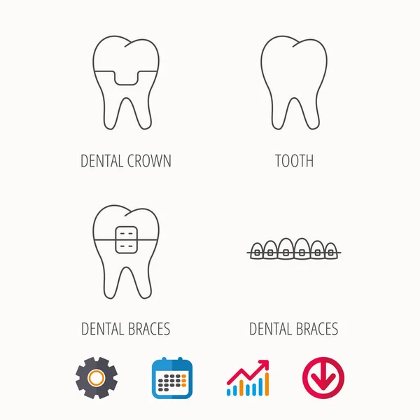 Tandheelkundige kroon, bretels en tand pictogrammen. — Stockvector