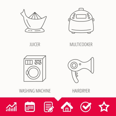 Makine, multicooker ve saç kurutma makinesi simgeleri yıkama.