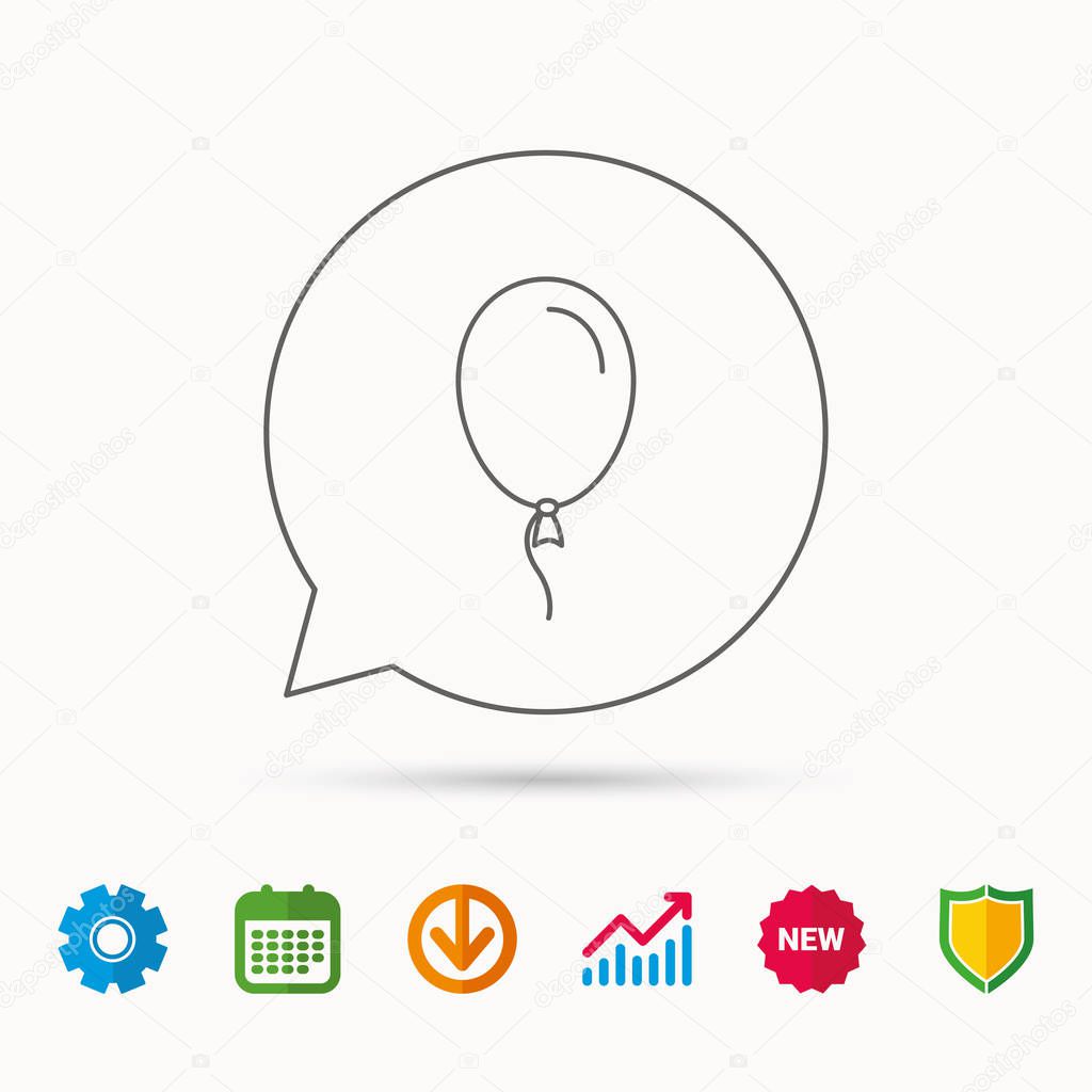 Balloon icon. Party decoration symbol. Inflatable object for celebration sign. Calendar, Graph chart and Cogwheel signs. Download and Shield web icons. Vector