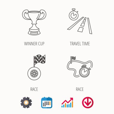Kazanan cup, yarış zamanlayıcı ve bayrağı simgeleri.