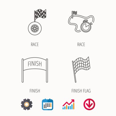 Bitiş bayrak, yarış zamanlayıcı ve tekerlek simgeler.