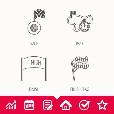 Bitiş bayrak, yarış zamanlayıcı ve tekerlek simgeler.