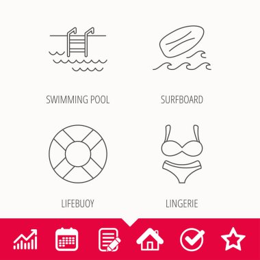 Sörf tahtası, Yüzme Havuzu ve bikini simgeler.