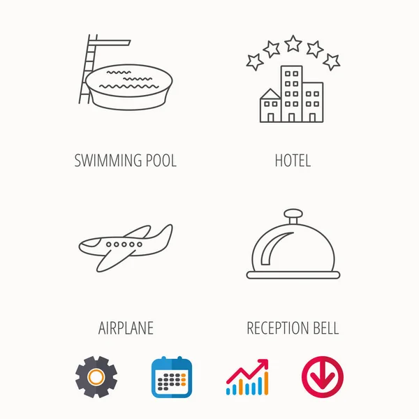 Hotel, Schwimmbad und Flugzeug-Ikonen. — Stockvektor