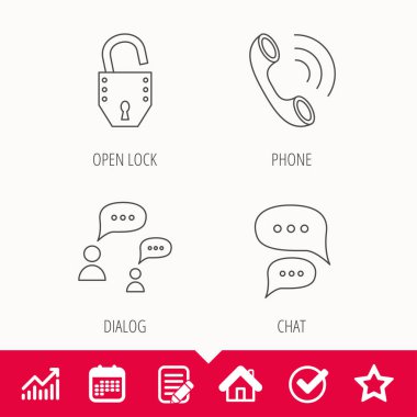 Telefon, sohbet konuşma balonları ve kilit simgeleri.