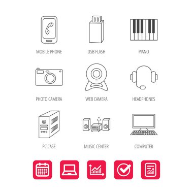 Fotoğraf makinesi, kulaklık ve Usb flash simgeler.