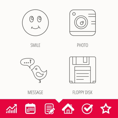 Fotoğraf makinesi, disket ve ileti simgeleri.