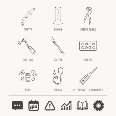 Termometre, hap ve diş pense simgeler.