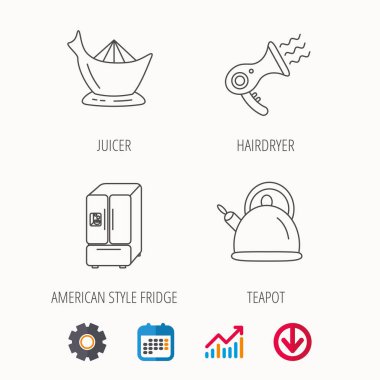 Saç kurutma makinesi, çaydanlık ve meyve sıkacağı simgeleri.