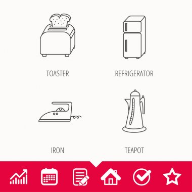 Ekmek kızartma makinesi, buzdolabı ve demir simgeleri.