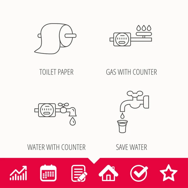Toalettpapper, gas och vatten counter ikoner. — Stock vektor