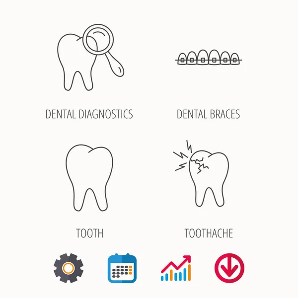 Dientes, frenos dentales e iconos de dolor de muelas . — Vector de stock