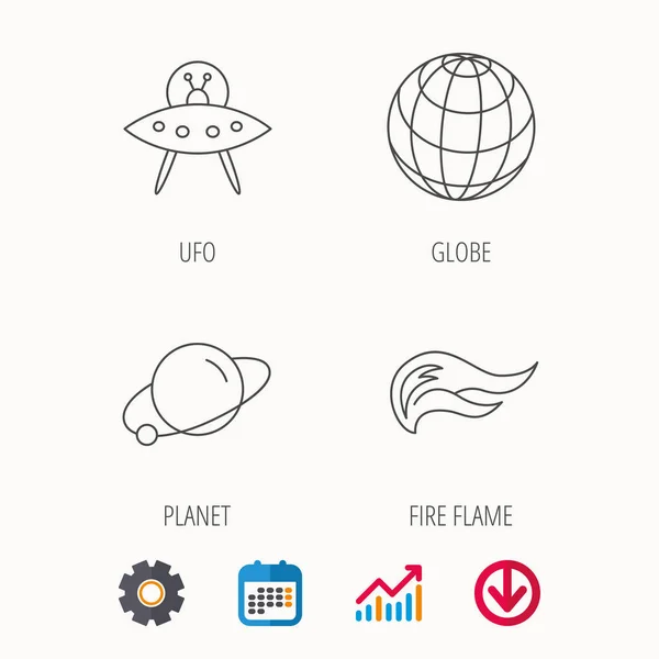 Ufo, 행성 및 화재 불꽃 아이콘. — 스톡 벡터