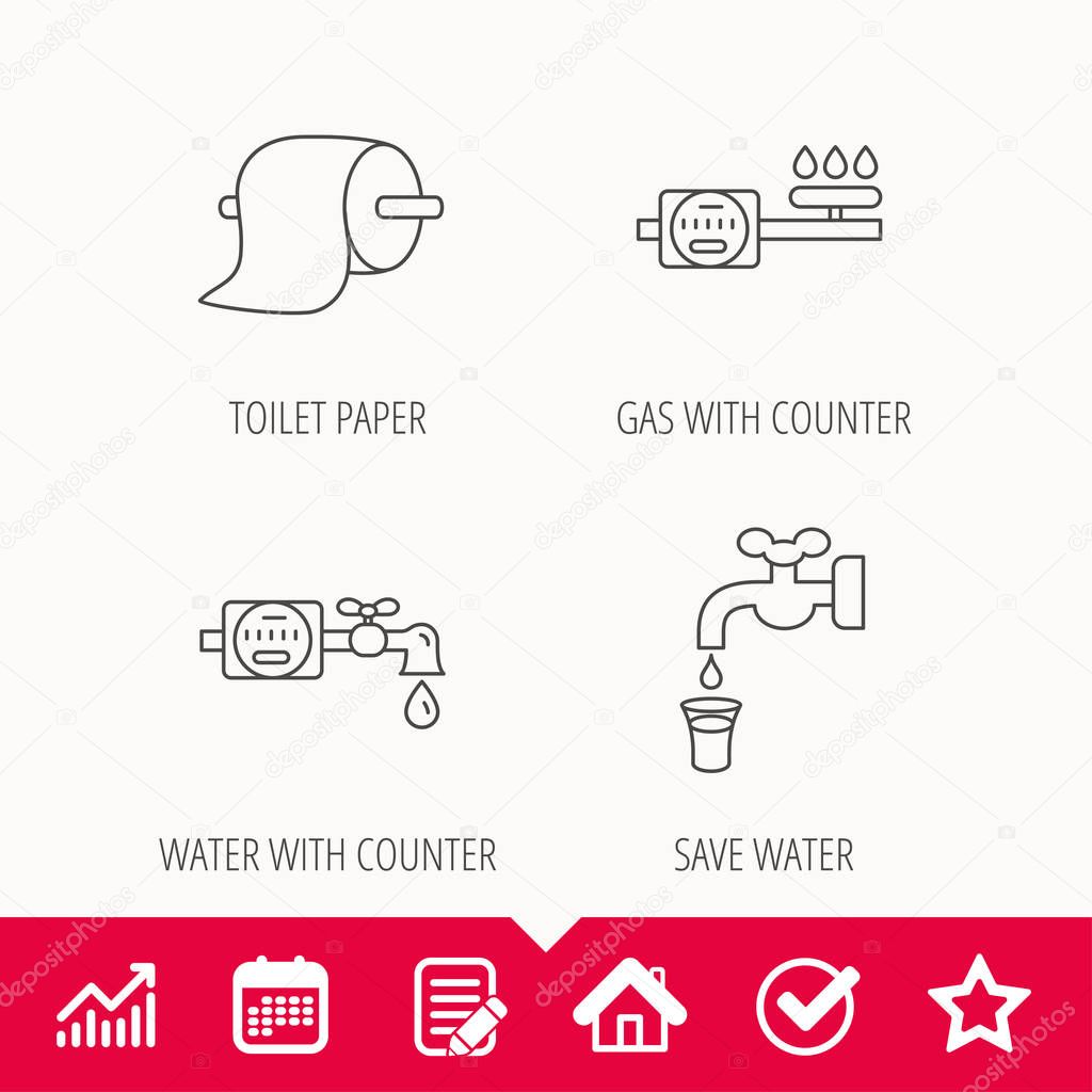 Toilet paper, gas and water counter icons. Save water linear sign. Edit document, Calendar and Graph chart signs. Star, Check and House web icons. Vector