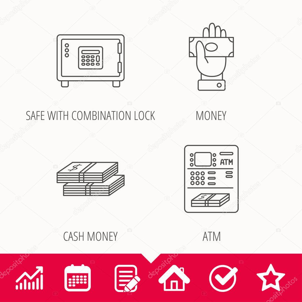 Give money, cash money and ATM icons. Safe box linear sign. Edit document, Calendar and Graph chart signs. Star, Check and House web icons. Vector