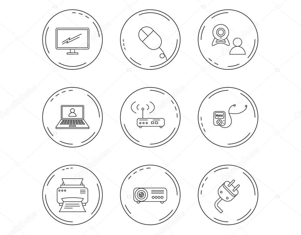 Printer, wi-fi router and projector icons. Monitor, video chat and webinar linear signs. Electric plug, pc mouse and music player icons. Linear Circles web buttons with icons. Vector