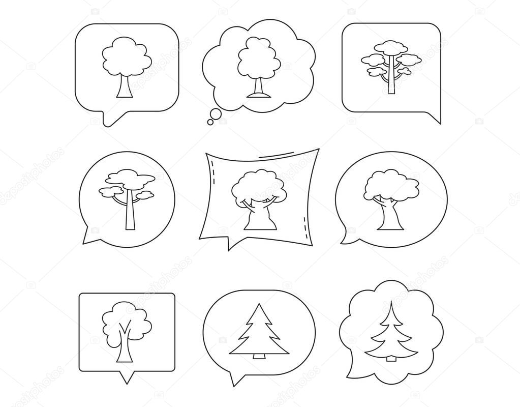 Pine tree, maple and oak icons. Christmas trees linear signs. Forest trees flat line icons. Linear Speech bubbles with icons set. Comic chat balloon. Vector
