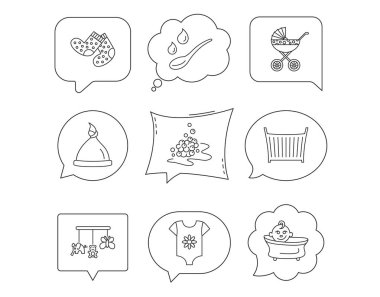 Bebek giysileri, banyo ve şapka simgeler. Çocuk arabası taşıma.