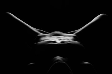 Seksi, çıplak bir kadın. Çıplak, şehvetli, güzel kız. Sanatsal siyah beyaz fotoğraf.