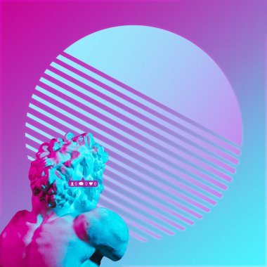 Ağlayan bir laokonun alçı büstü. Sosyal ağ. neon konsept sanat.