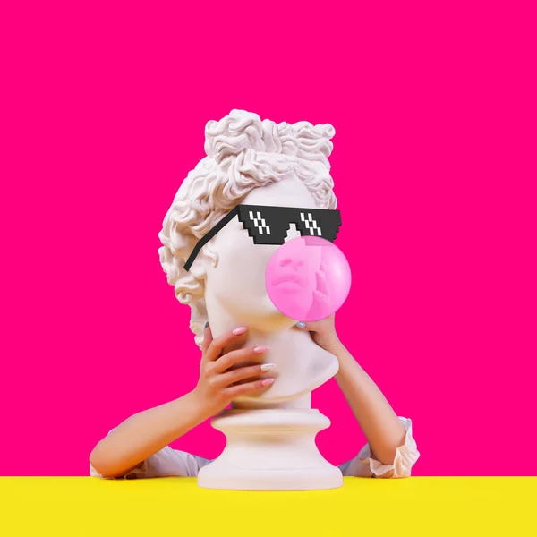 Pembe arka planda bir heykel. Apollo 'nun alçıtaşı heykeli. Vay be. Yaratıcı. Apollo 'nun piksel gözlüklü alçı heykeli. Asgari konsept sanat.