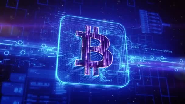 Bitcoin pictogram op abstracte blauwe achtergrond — Stockvideo