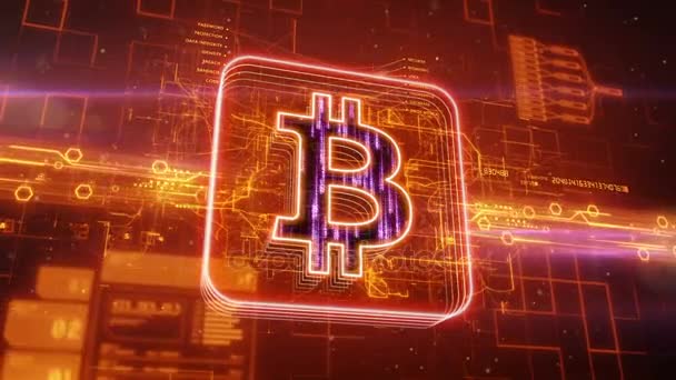 Bitcoin pictogram op abstract oranje achtergrond — Stockvideo