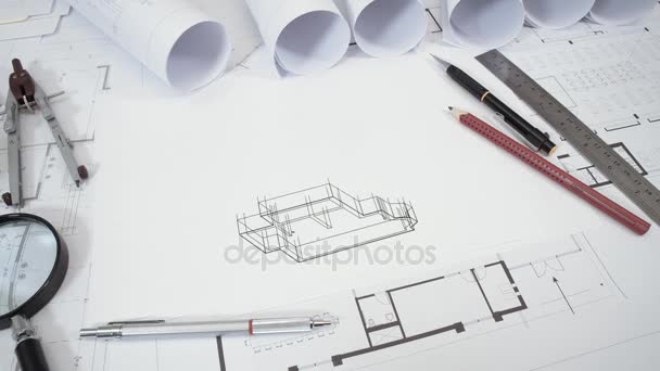 Primer plano de dibujos arquitectónicos en la mesa — Vídeo de stock