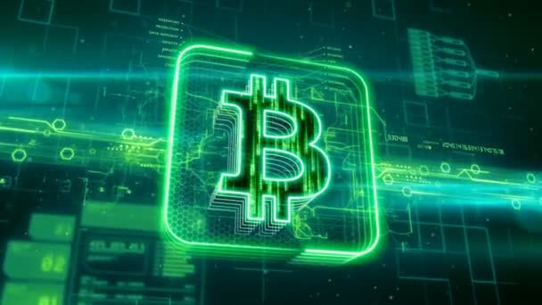 Ikon bitcoin pada latar belakang hijau abstrak — Stok Video