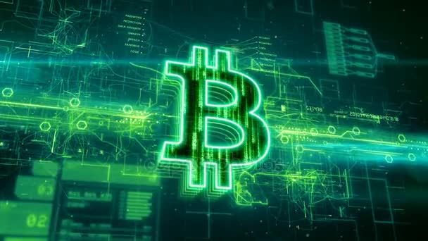 Icono de Bitcoin sobre fondo verde abstracto — Vídeos de Stock