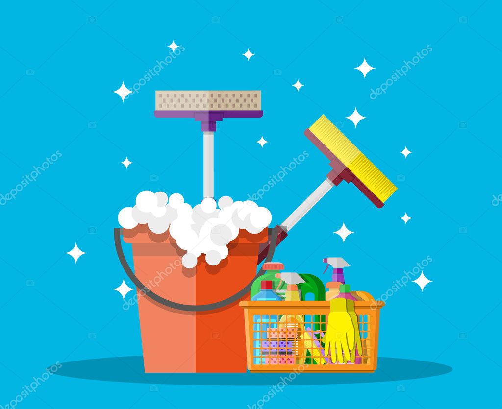 Cleaning set. household cleaning products and accessories in plastic basket. bucket with soap, rubber gloves, mop, detergent spay, sponge. vector illustration in flat design on blue