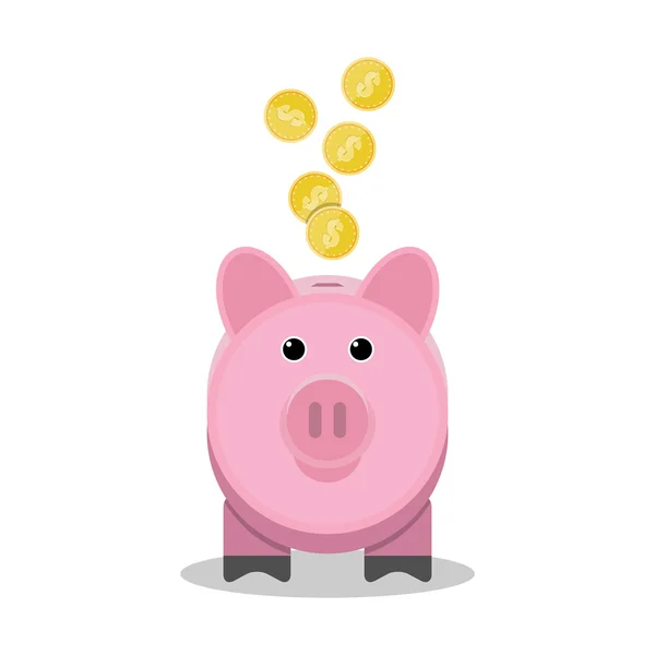 Spargris med guldmynt. Leksak rosa gris pengar box — Stock vektor
