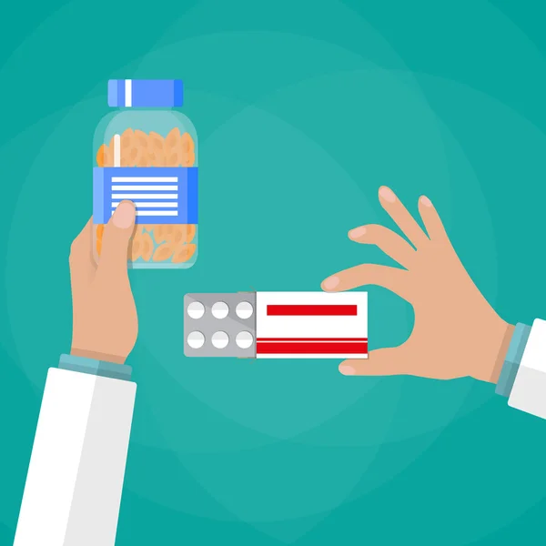 Dokter hand met doosje van pillen en capsules — Stockvector
