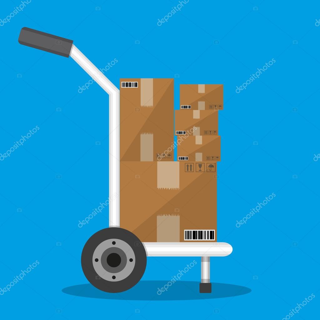 Metallic hand truck. delivery. hand truck icon. hand truck with brown boxes. vector illustration in flat design on blue background