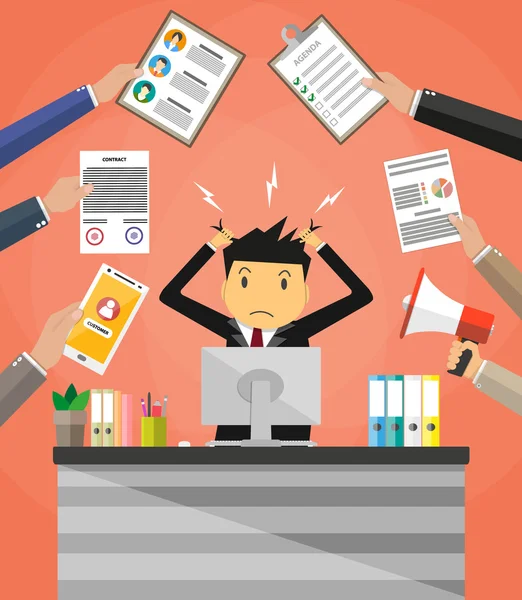 Biznesmen w stercie dokumentów biurowych — Wektor stockowy