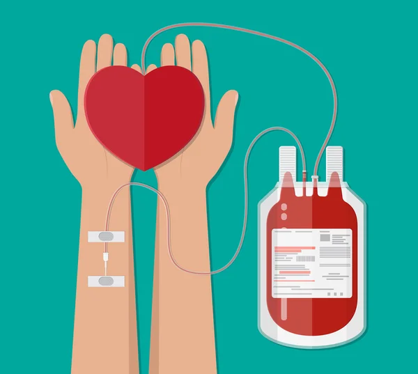 Sacca di sangue e mano del donatore con cuore. donazione — Vettoriale Stock