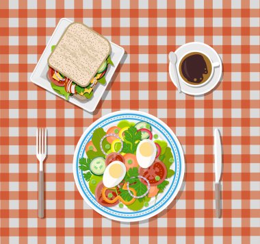 salata, kahve, sandviç. tabak, çatal, bıçak