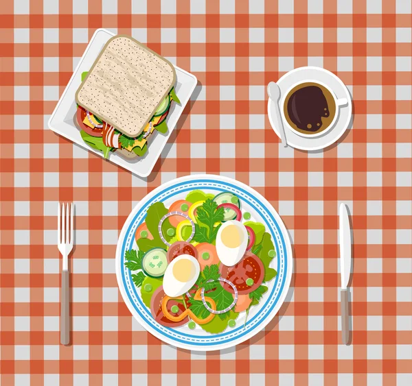 Salat, Kaffee, Sandwich. Teller, Gabel, Messer — Stockvektor