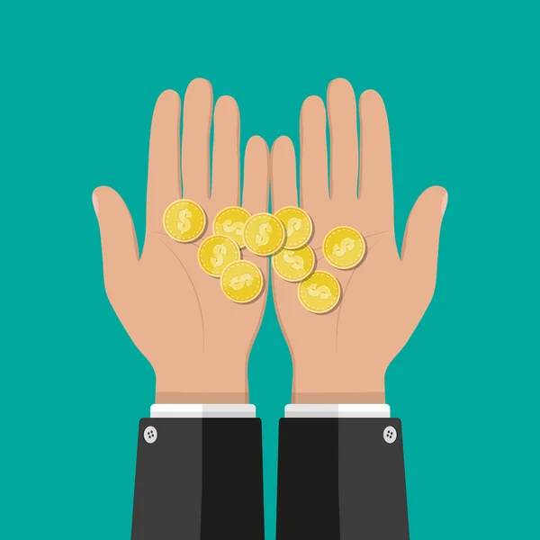 Arany érmék kezet. megtakarítások, adomány, fizet — Stock Vector