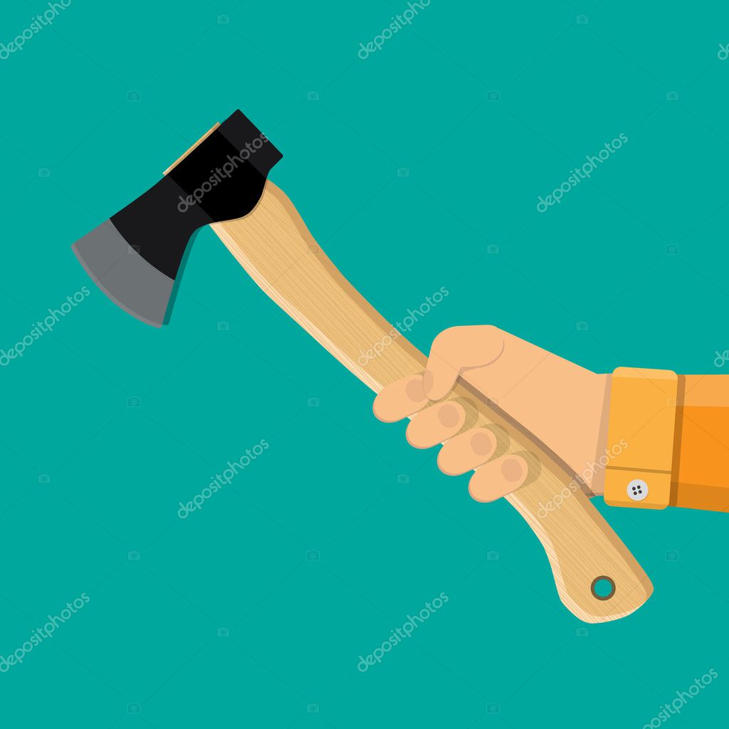 Axe, ax, hatchet with wooden handle in hand. vector illustration in flat style