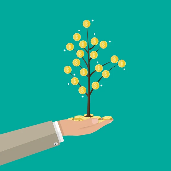 Empresario mano sosteniendo árbol de moneda . — Vector de stock