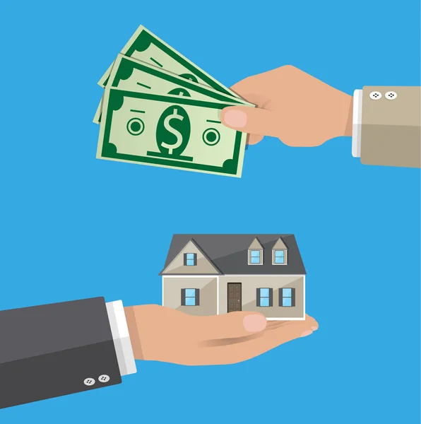 Hands with money and house. Real estate — Stock Vector