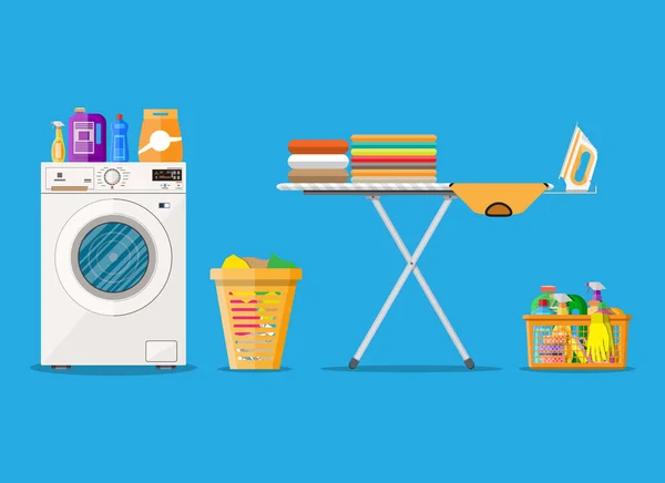 Lavandaria com máquina de lavar roupa — Vetor de Stock
