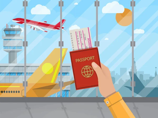 Hombre con pasaporte y billete dentro del aeropuerto — Vector de stock