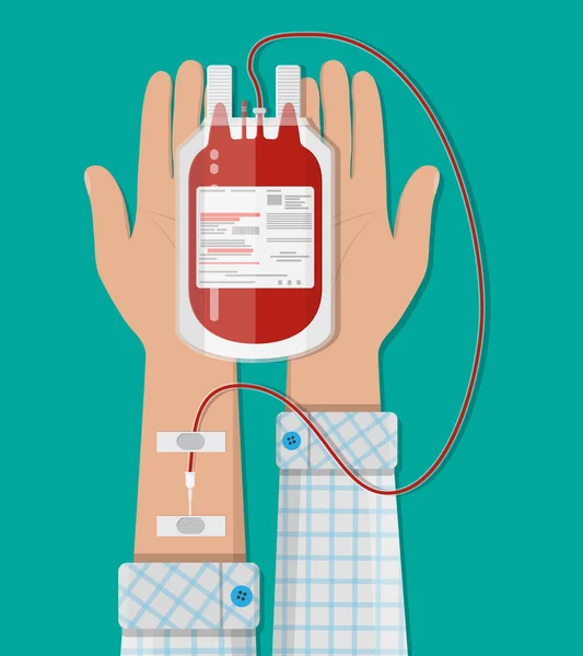 Tas dengan darah dan tangan donor. konsep donasi - Stok Vektor