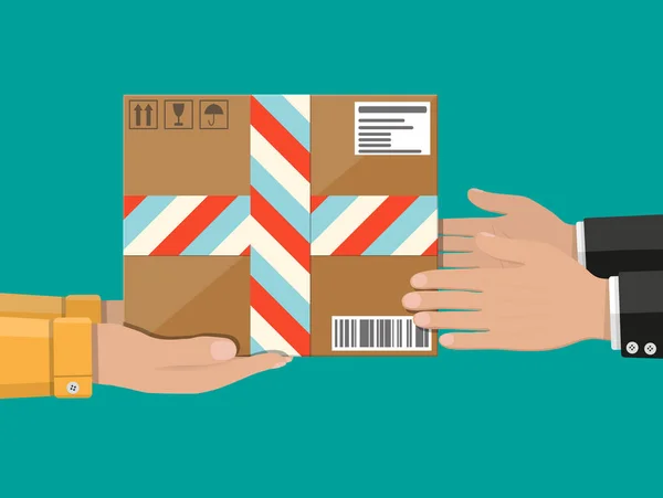 Manos con caja de cartón postal. concepto de entrega — Vector de stock